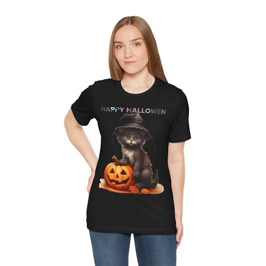 Halloween Cat Tee, Cute Halloween Shirt, Unisex Jurassic Tee, Fall Festival Top, Spooky Cat Costume T-Shirt, October Celebration Apparel